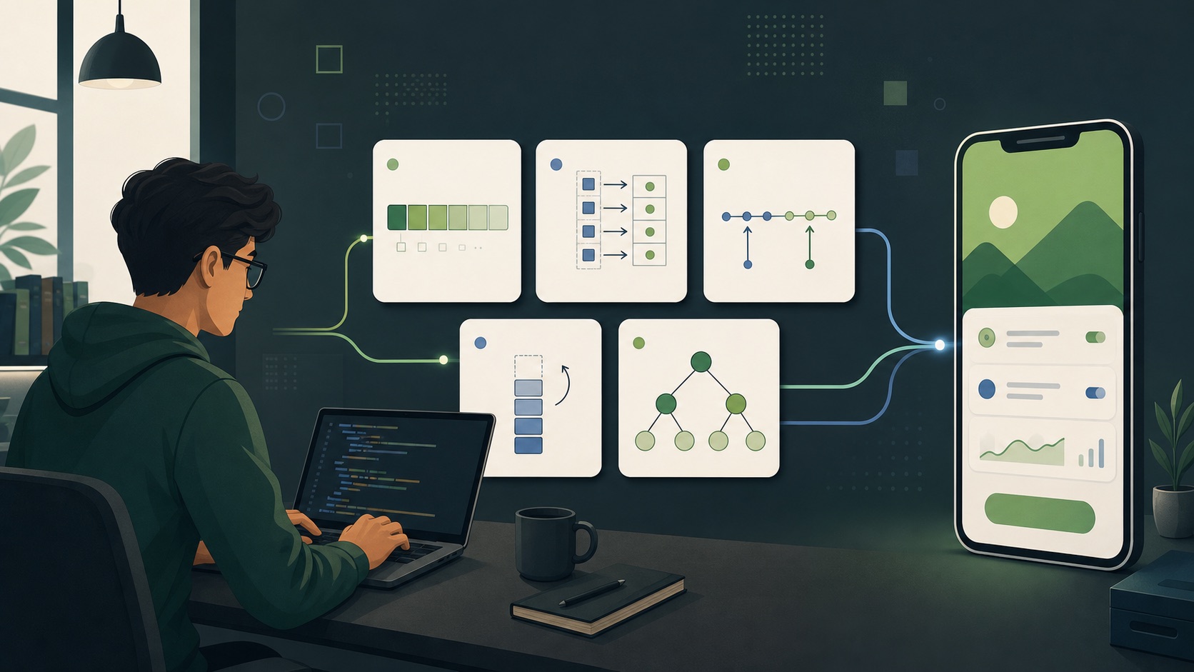 A developer practising array, hash map, pointer, stack, and tree patterns before applying them to an Android app